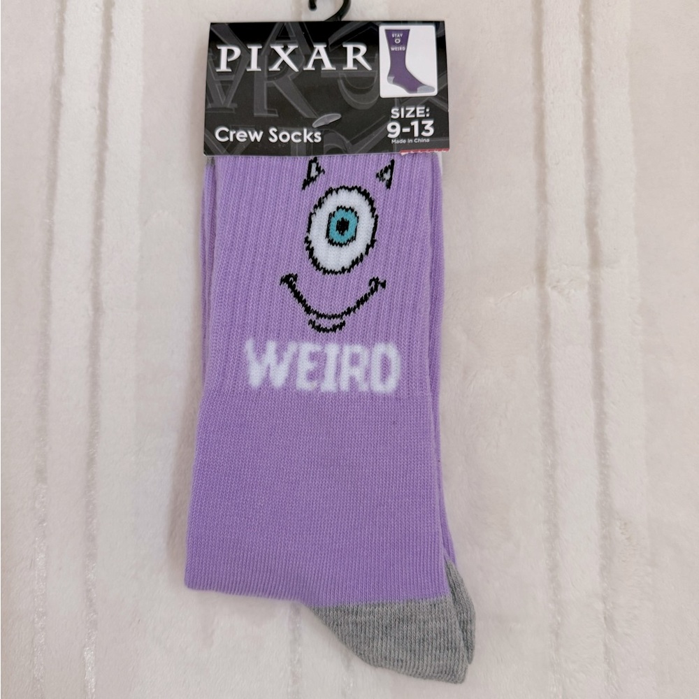 Disney Pixar Stay Weird Purple and Gray Crew Socks Size 9-13